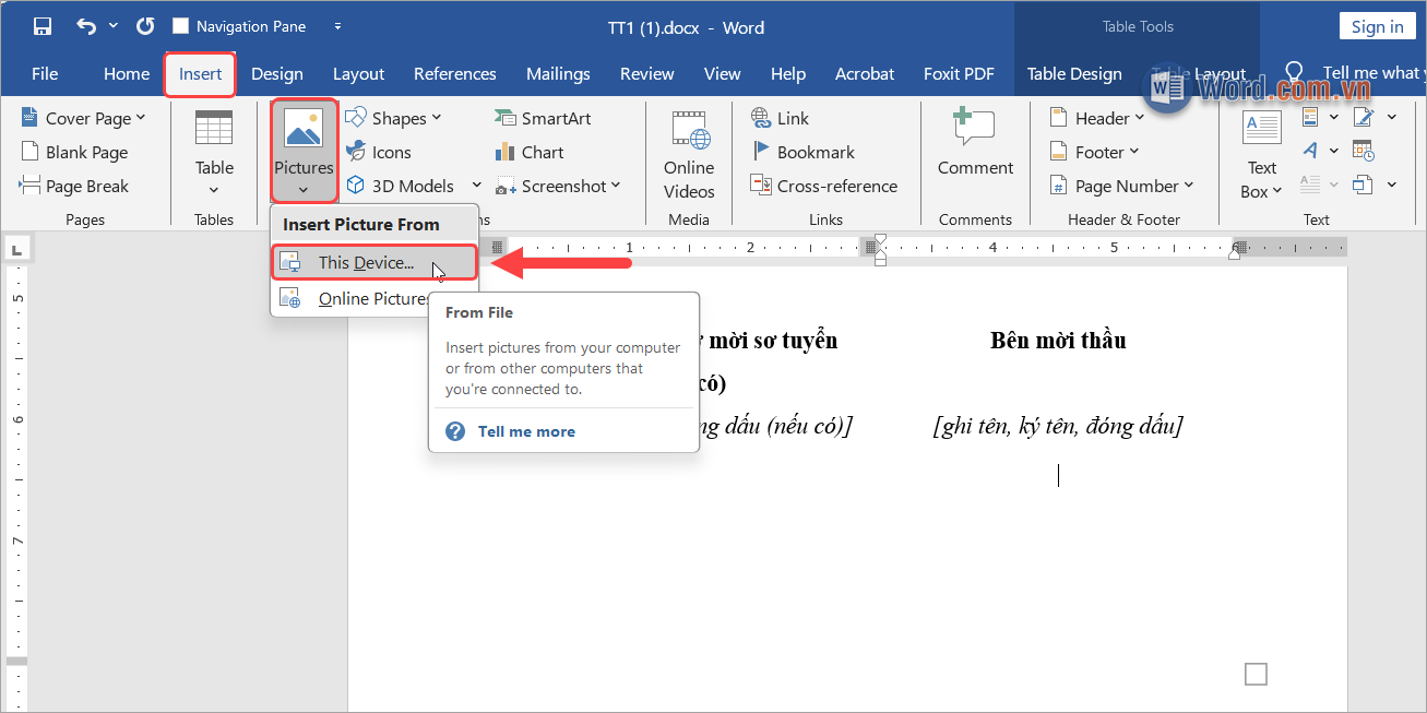 Chọn Insert → Pictures → This Devices để tải hình chữ ký vào file Word