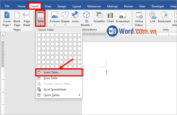 Chọn Insert → Table → Insert Table