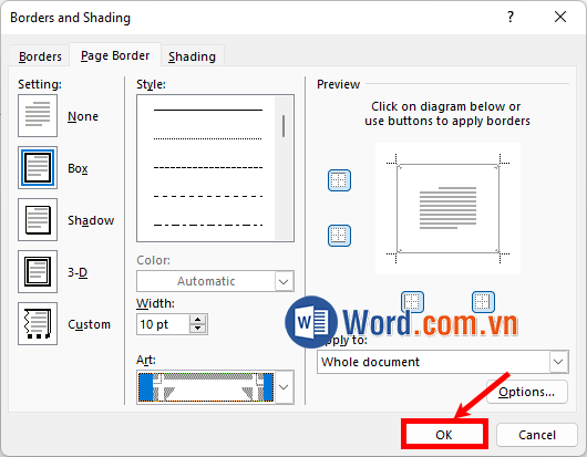 Chọn kiểu nghệ thuật trong phần Art và ấn OK để thêm đường viền