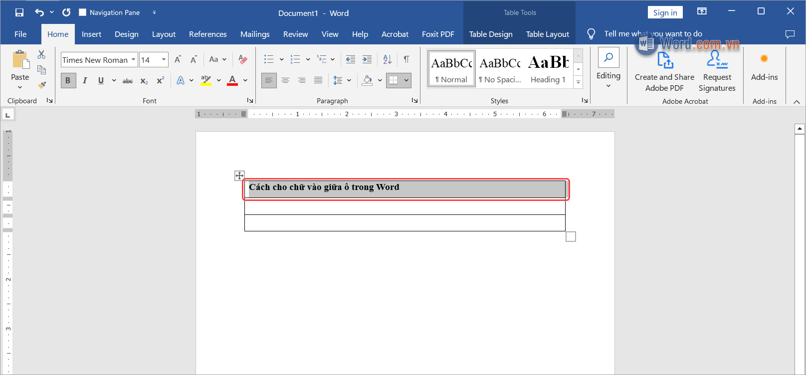 Chọn ô cần đưa chữ vào chính giữa theo chiều ngang