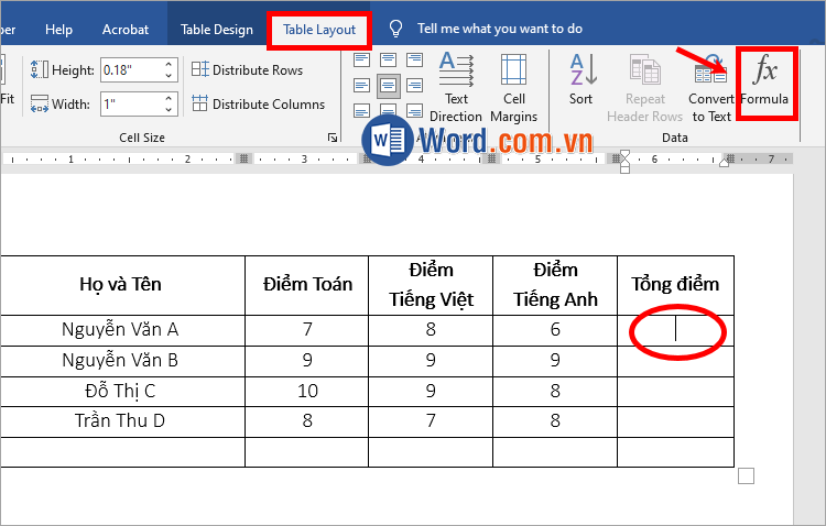 Chọn Table Layout → Formula