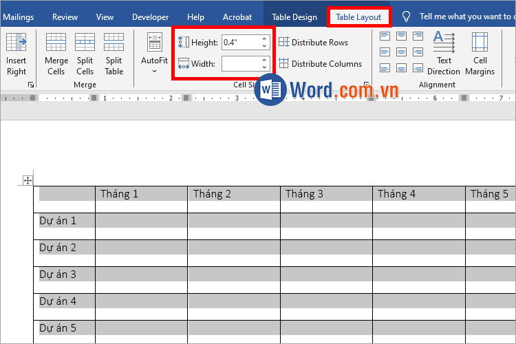 Chọn Table Layout và tùy chỉnh chiều cao, chiều rộng trong Cell Size