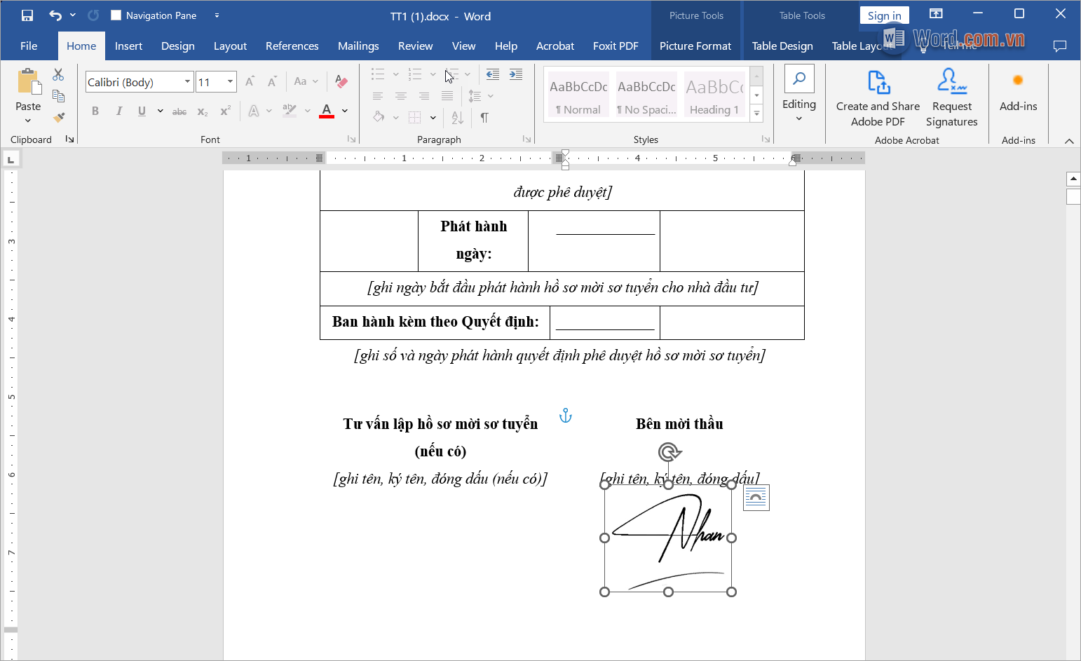 Điều chỉnh kích thước và di chuyển hình ảnh chữ ký