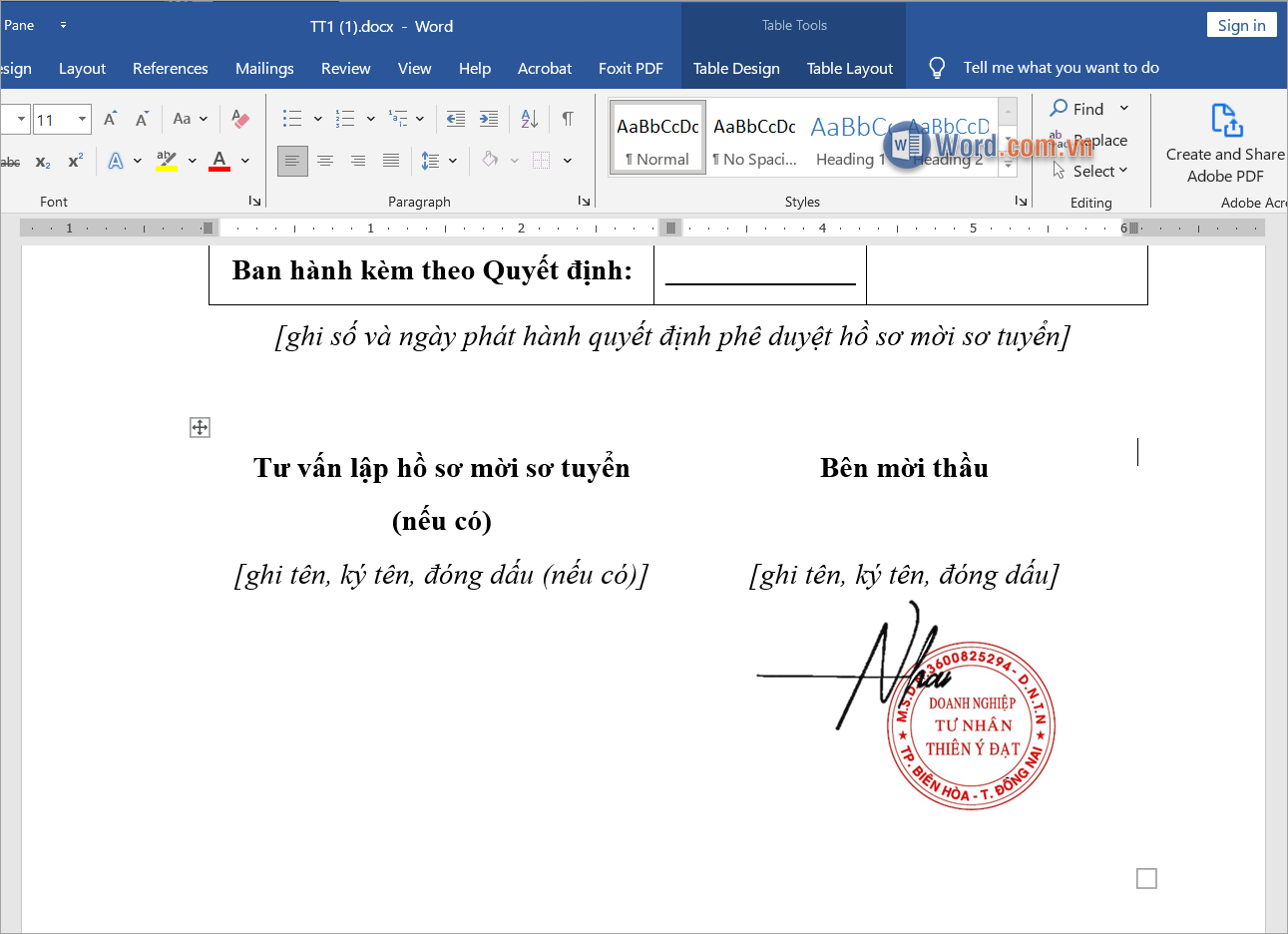 Hoàn tất việc chèn chữ ký và dấu vào file Word