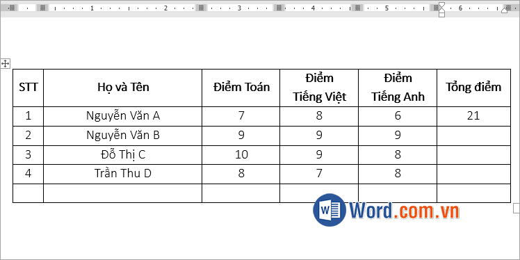 Hoàn thành cách tính SUM trong Word