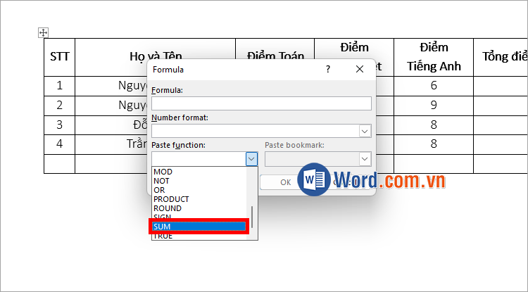 Nhập nội dung trong hàm SUM trong phần Formula