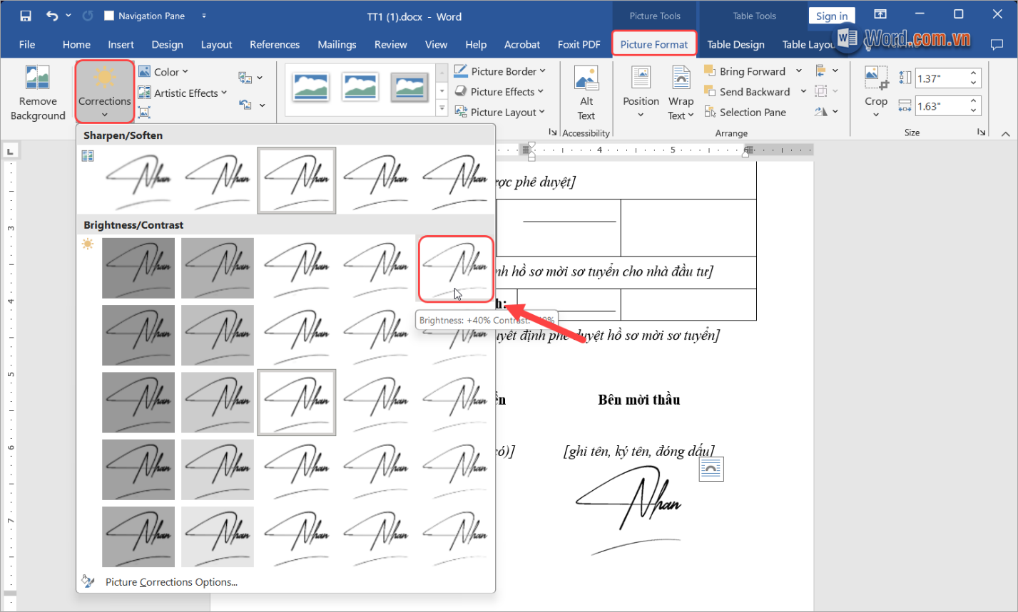 Tăng độ sáng, giảm độ tương phản để chữ ký tách biệt với nền