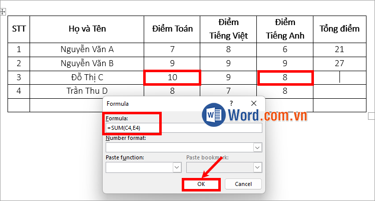 Tính SUM bằng cách nhập dữ liệu tùy chọn