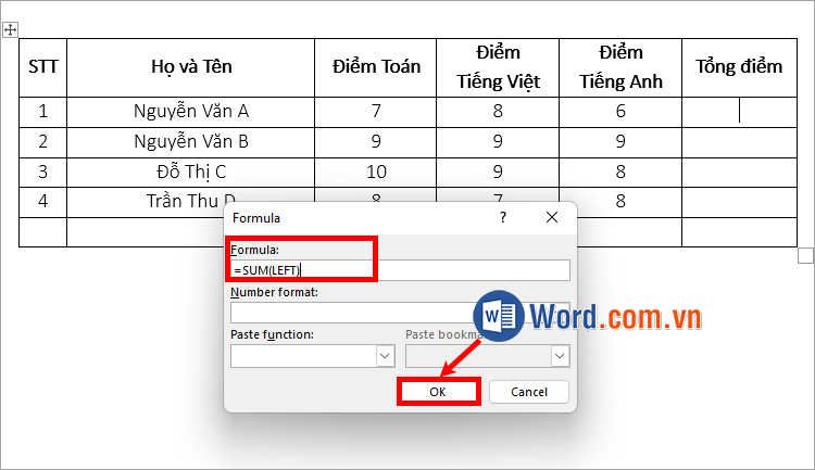 Tính SUM trong Word theo tham chiếu vị trí