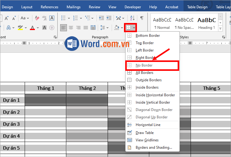 Trong phần Paragraph, chọn Borders và ấn No border
