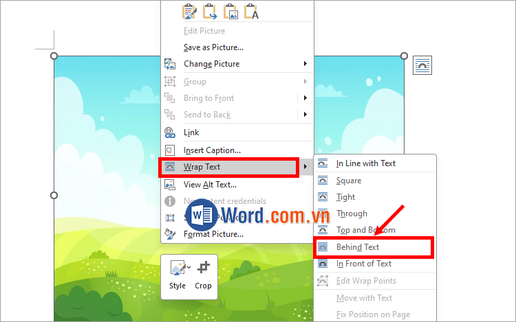 Tùy chỉnh Wrap Text cho hình ảnh là Behind Text (dưới văn bản)