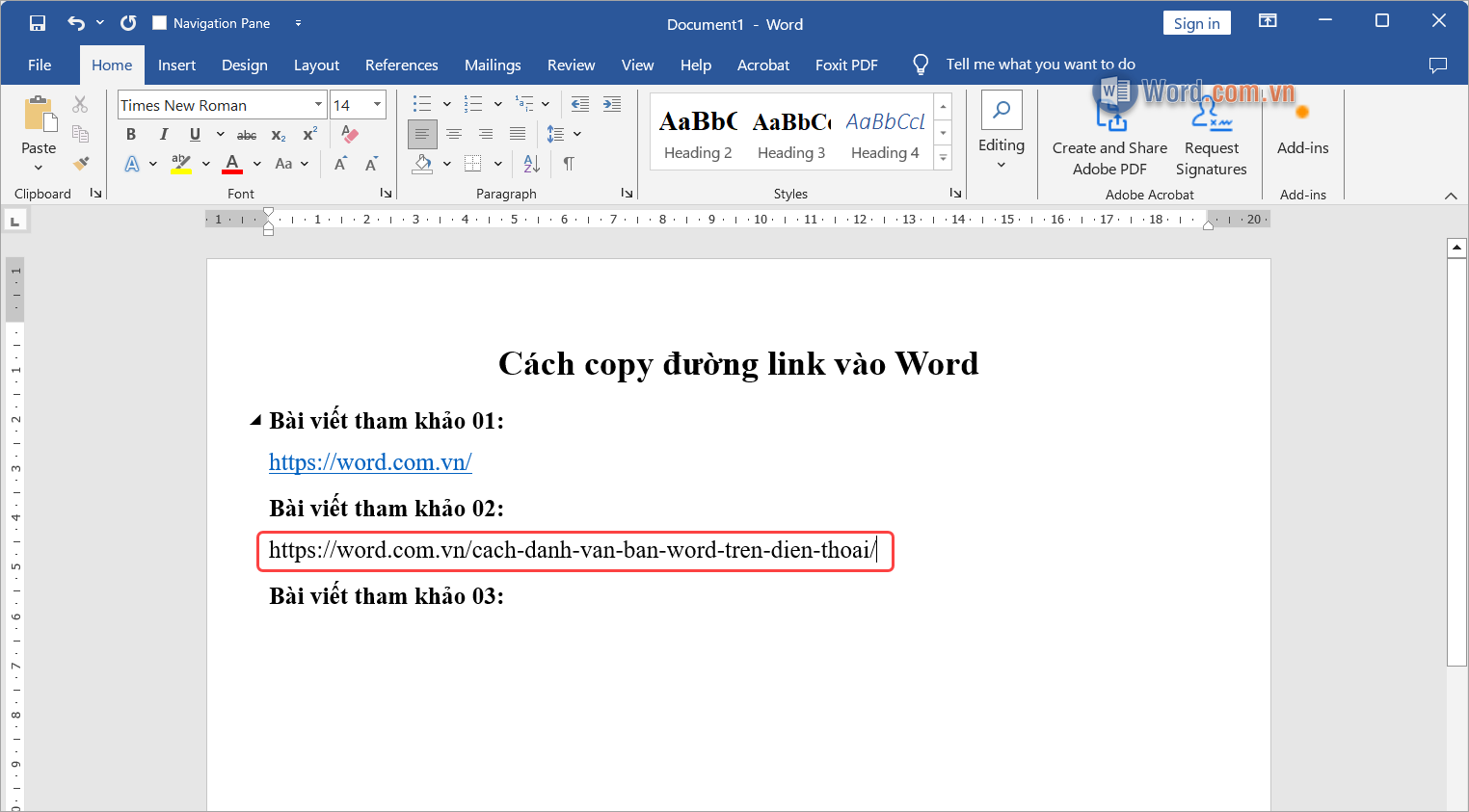 Bạn sao chép đường link cần dán vào file Word