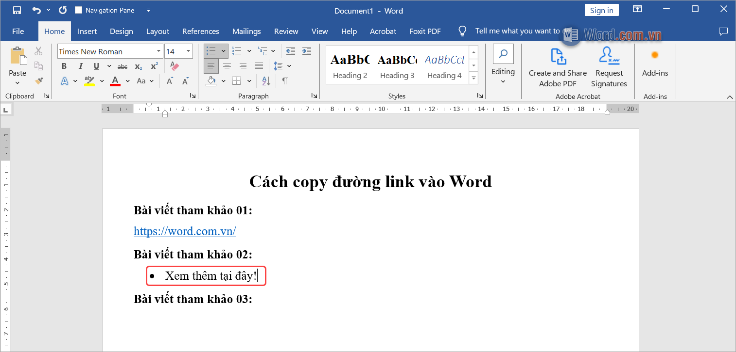 Chèn đường link vào file Word