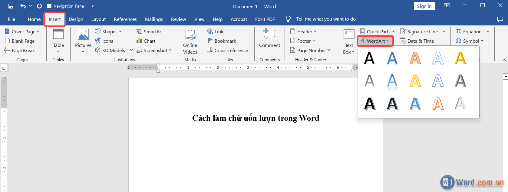 Chọn Insert → Word Art và ấn một hiệu ứng chữ phù hợp cho văn bản