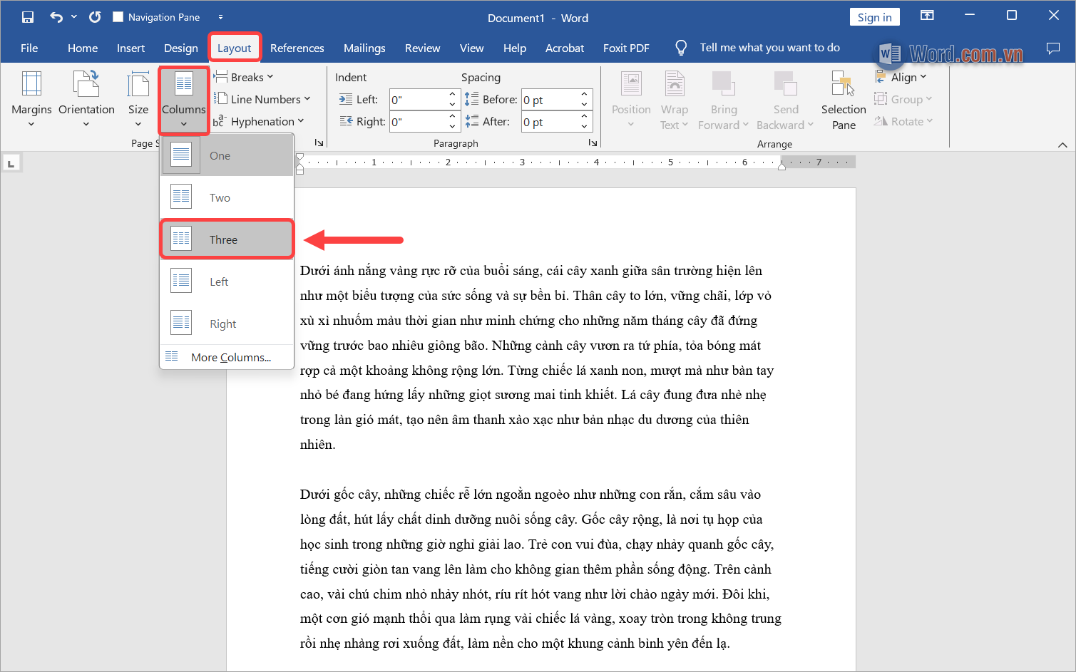 Chọn Layout → Columns → Chế độ chia cột