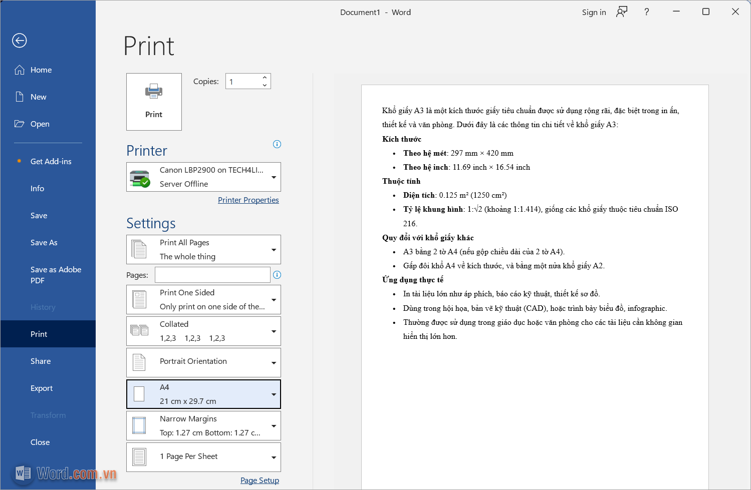 Chọn Print để tiến hành in tài liệu trang A3 trên khổ giấy A4 trong Word Chọn Print để tiến hành in tài liệu trang A3 trên khổ giấy A4 trong Word