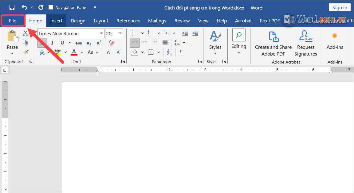 Chọn thẻ File để thiết lập phần mềm Word và đổi đơn vị đo