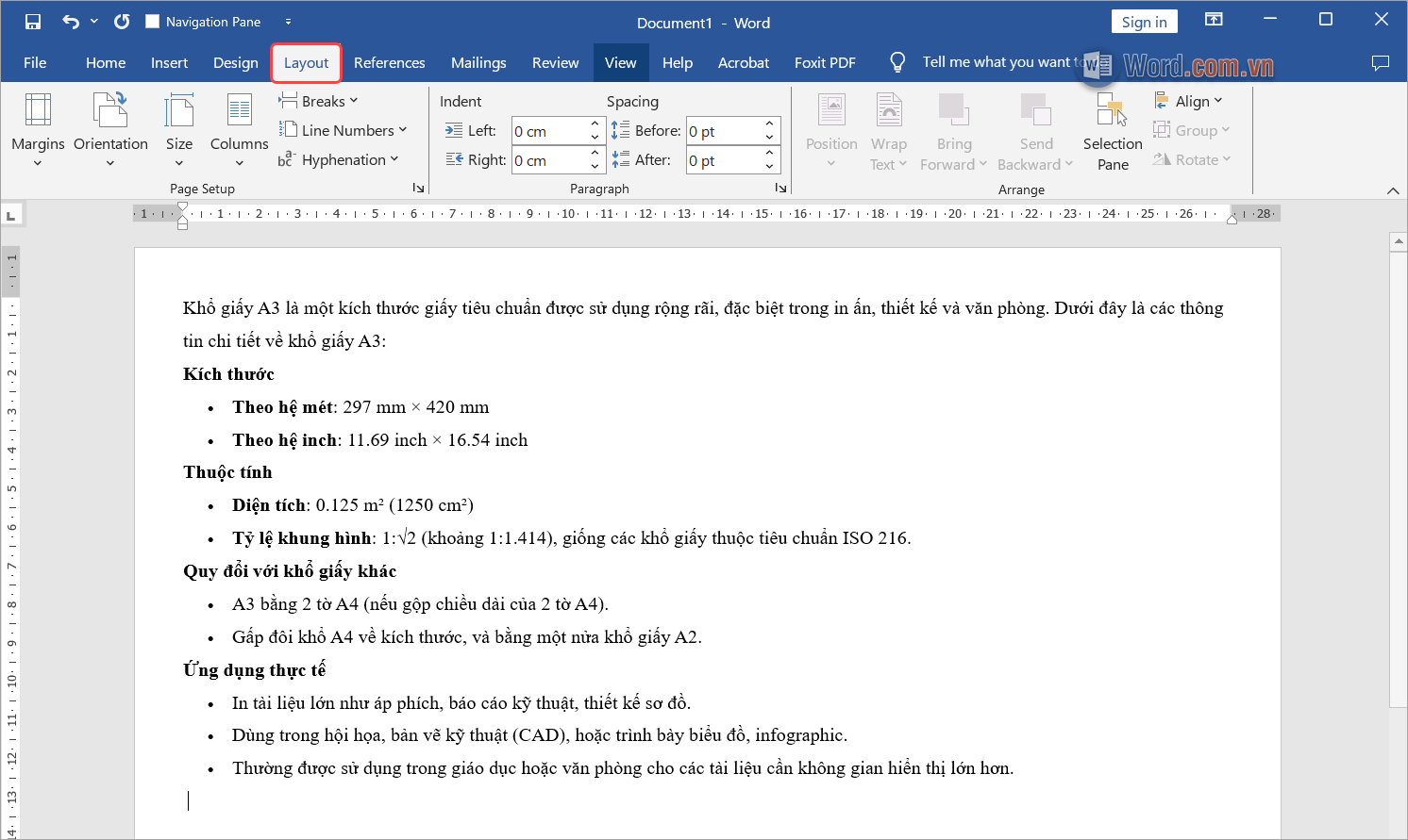 Chọn thẻ Layout trên Word để thay đổi trang giấy soạn thảo Chọn thẻ Layout trên Word để thay đổi trang giấy soạn thảo