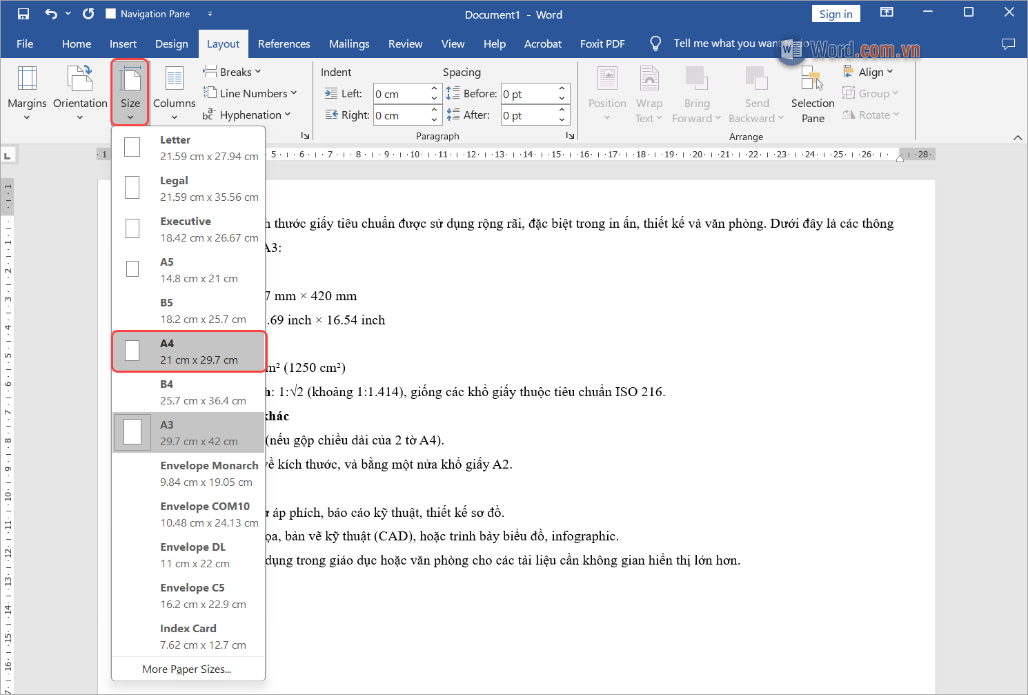 Chọn thẻ Size → A4 để chuyển khổ giấy làm việc từ A3 sang A4 Chọn thẻ Size → A4 để chuyển khổ giấy làm việc từ A3 sang A4