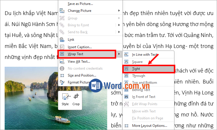 Chọn Wrap text → Tight hoặc Through