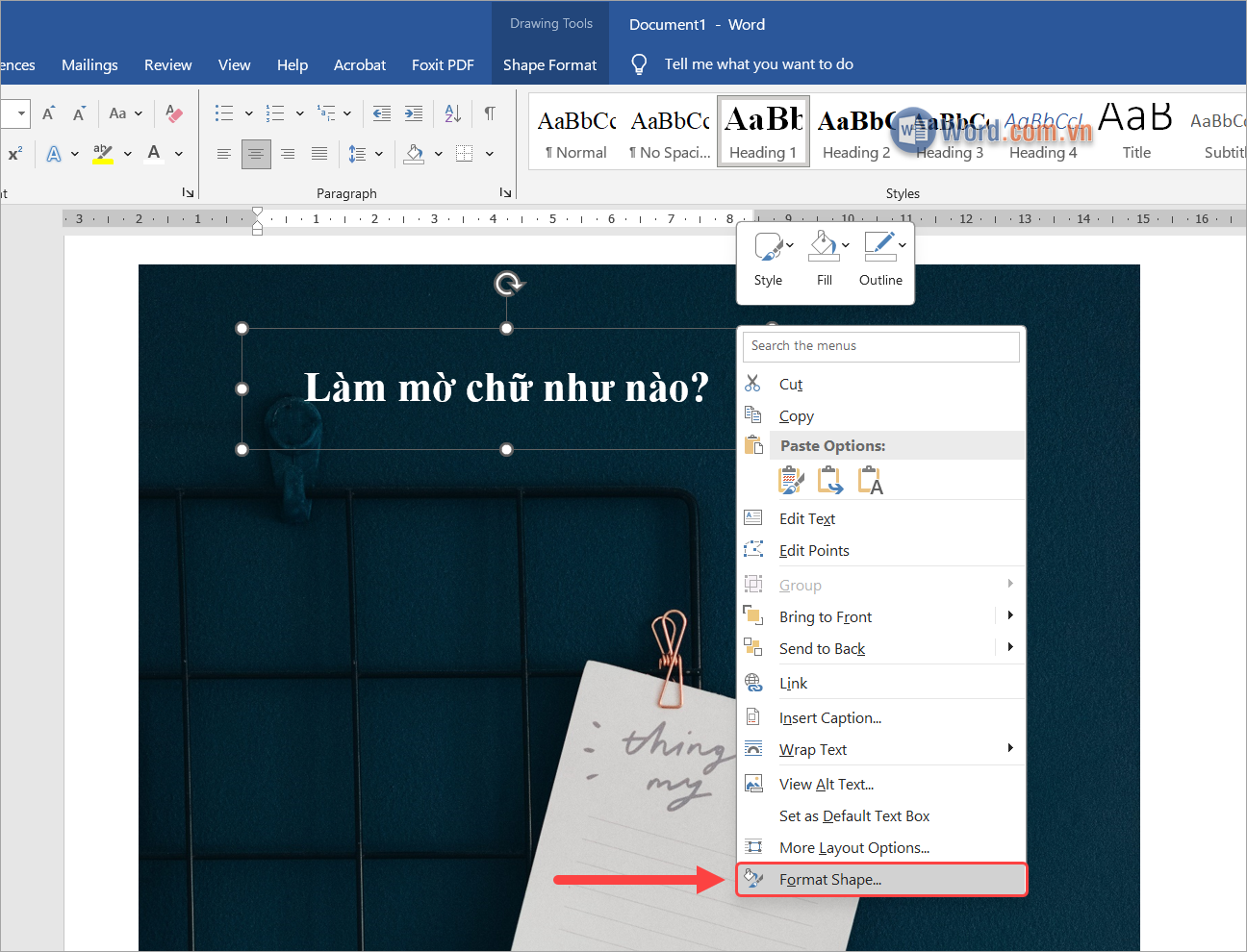 Click chuột phải vào Text box và chọn Format Shape Click chuột phải vào Text box và chọn Format Shape