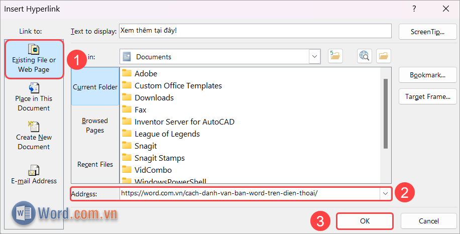 Cửa sổ Insert Hyperlink, bạn tiến hành thiết lập các nội dung