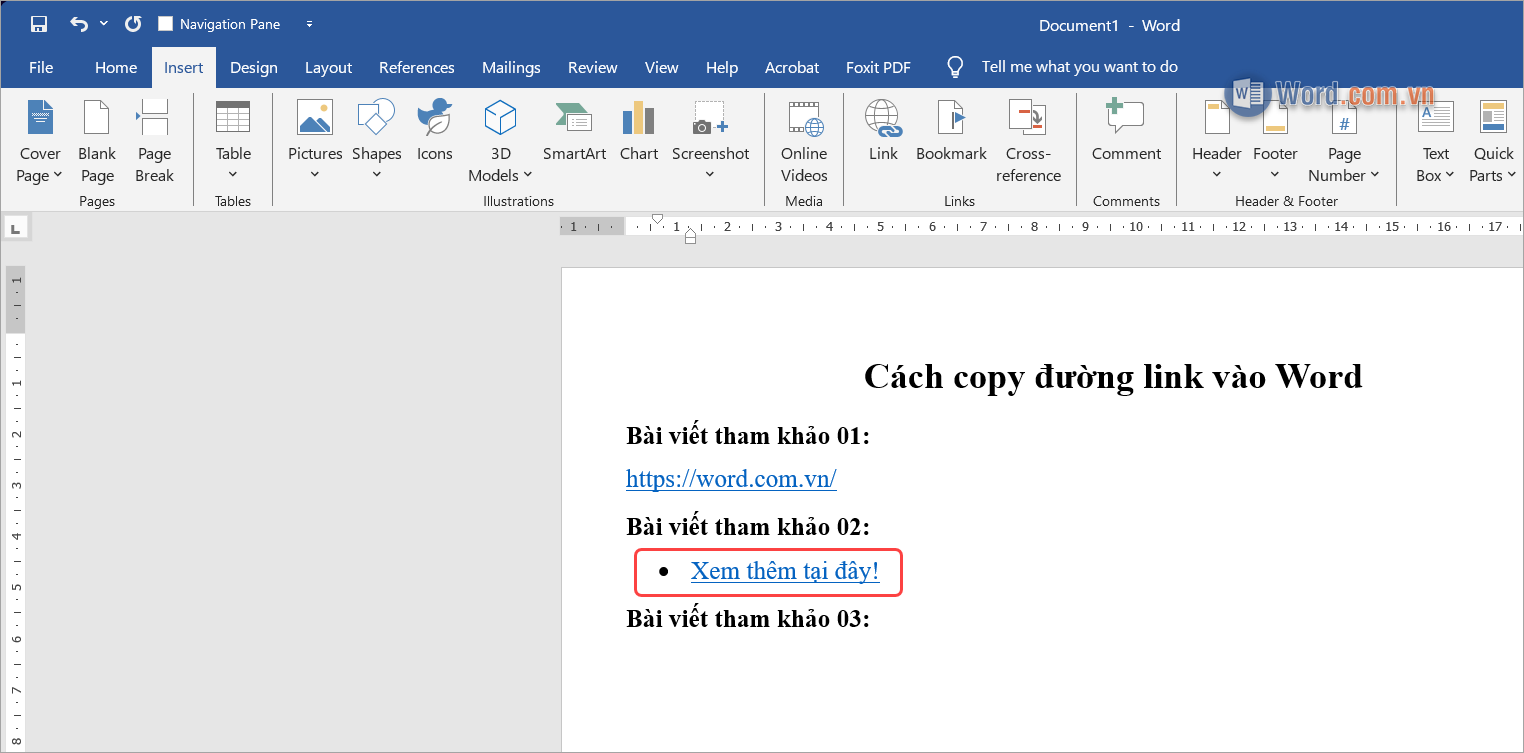 Hoàn tất việc copy đường link vào file Word