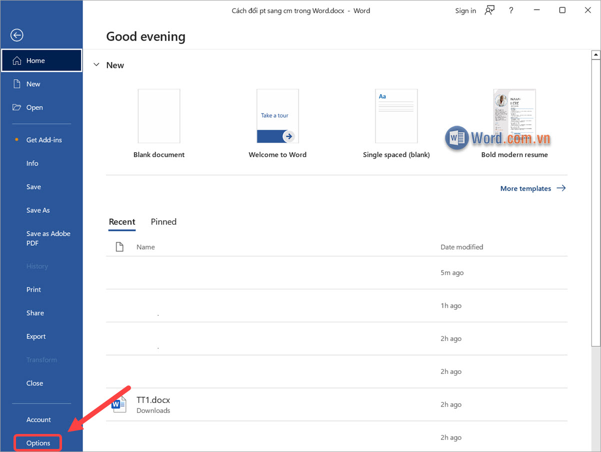 Nhấn Options để xem các tùy chọn trên phần mềm