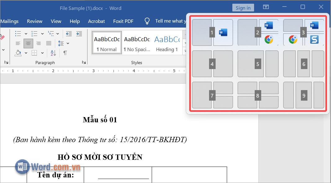 Nhấn Windows + Z, xuất hiện trên góc cửa sổ ứng dụng