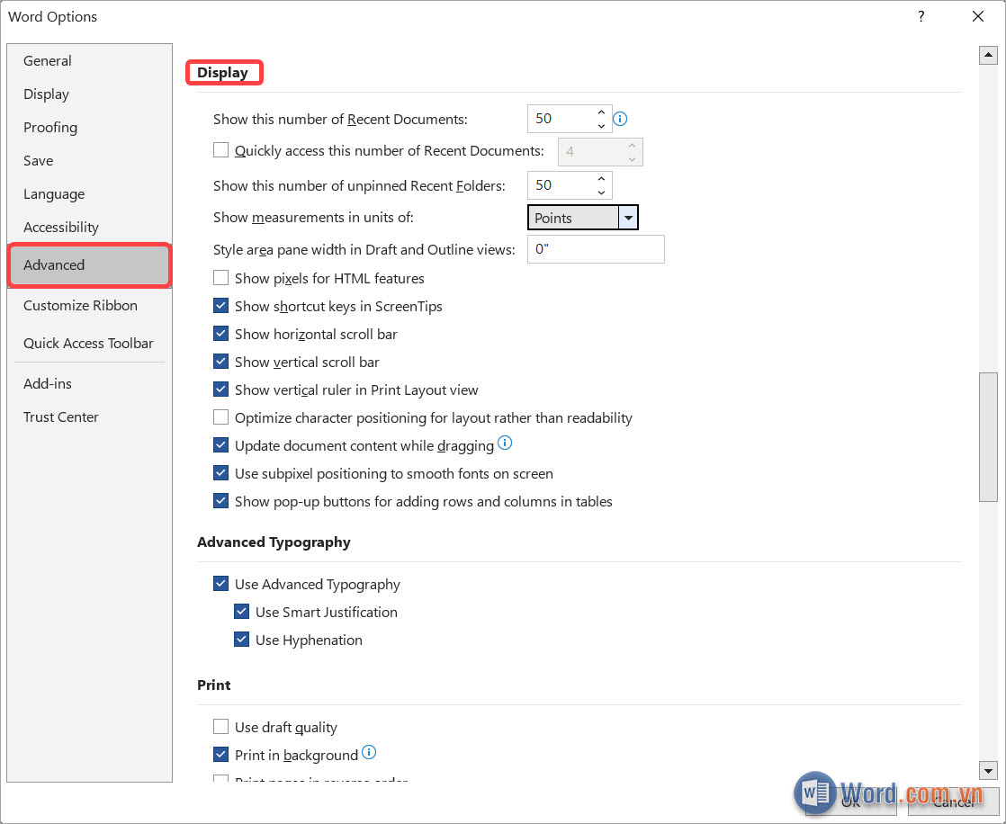 Tìm đến thẻ Advanced và kéo xuống tìm mục Display (hiển thị)