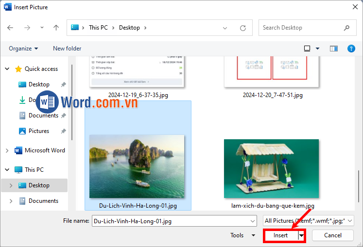Xuất hiện Insert Picture, chọn ảnh cần chèn và ấn Insert
