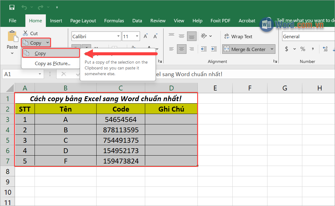 Chọn Copy → Copy (hoặc Ctrl + C) để sao chép