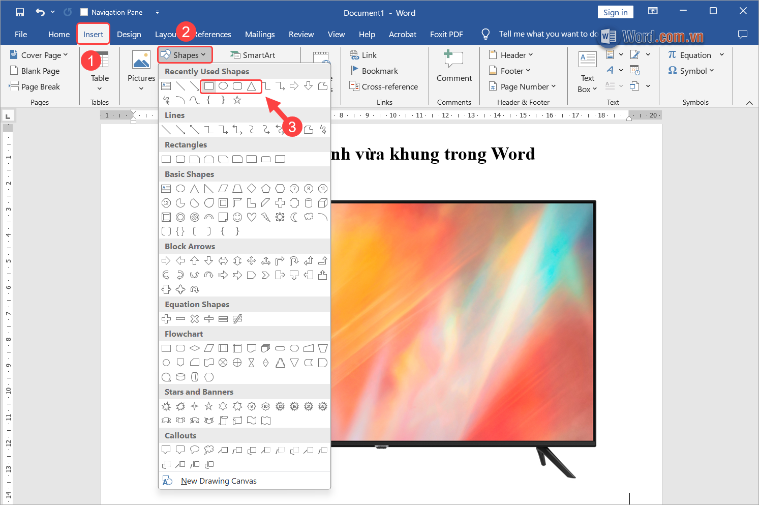 Chọn Insert (1) → Shapes (2) → Chọn loại khung phù hợp với hình ảnh (3)