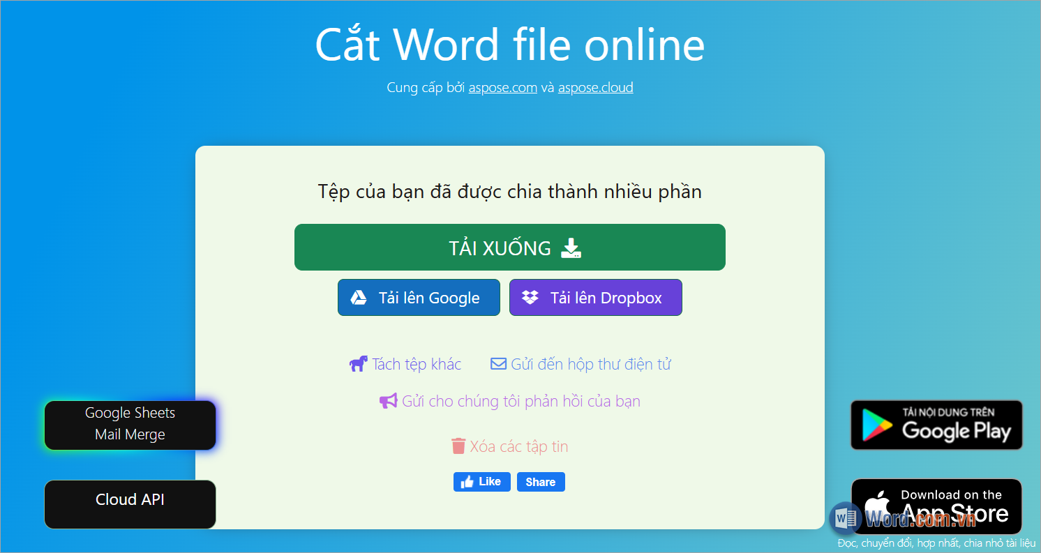 Chọn Tải xuống để lưu file Word sau khi tách về máy tính