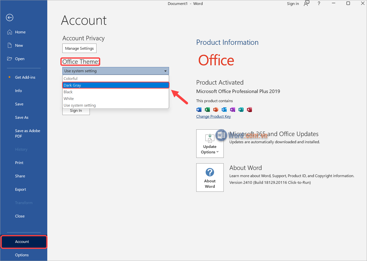Chọn thẻ Account → Office Theme → Dark Gray và Black