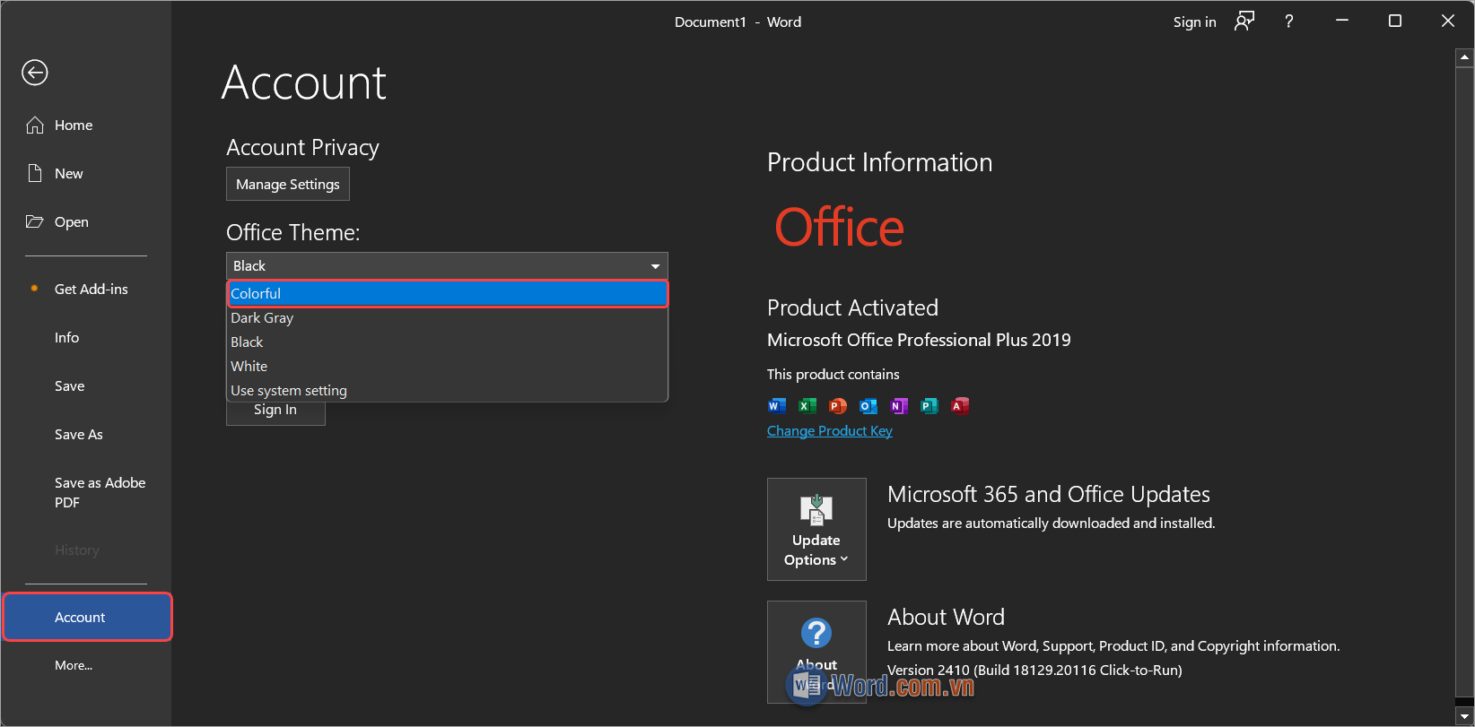 Chọn thẻ Account và thay đổi giao diện màu nền của Word trong thẻ Office Theme