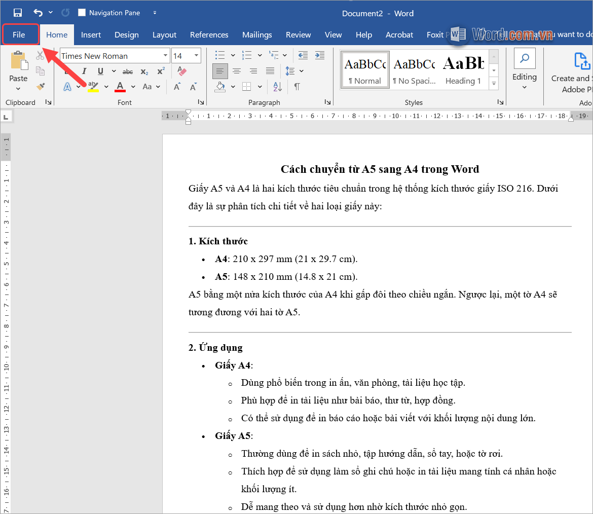 Chọn thẻ File trên phần mềm Word để đi đến tùy chọn in