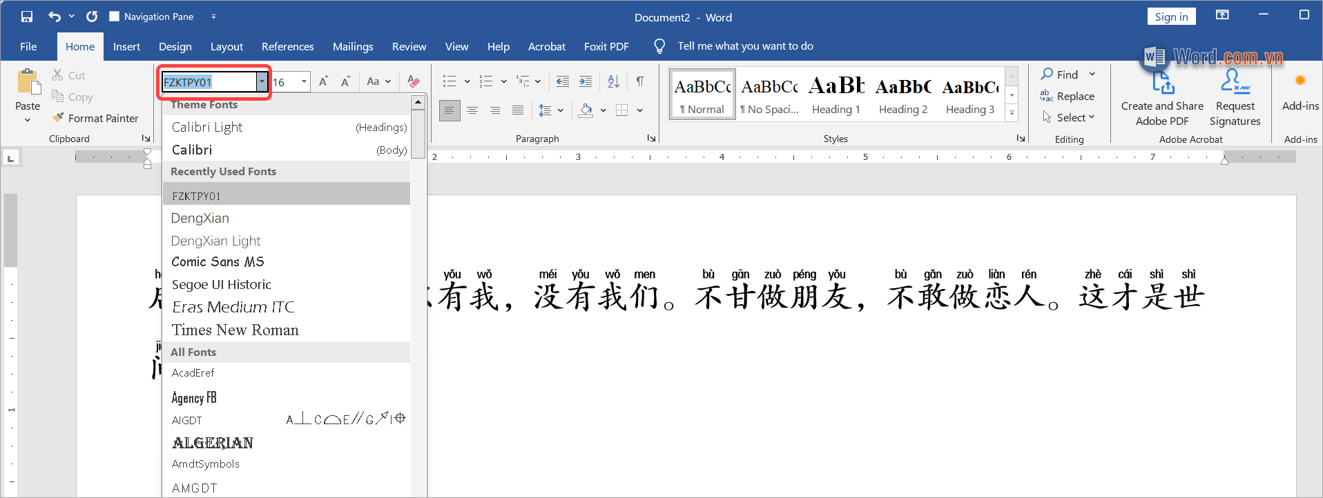 Chọn thẻ Home → Font → FZKTPY01