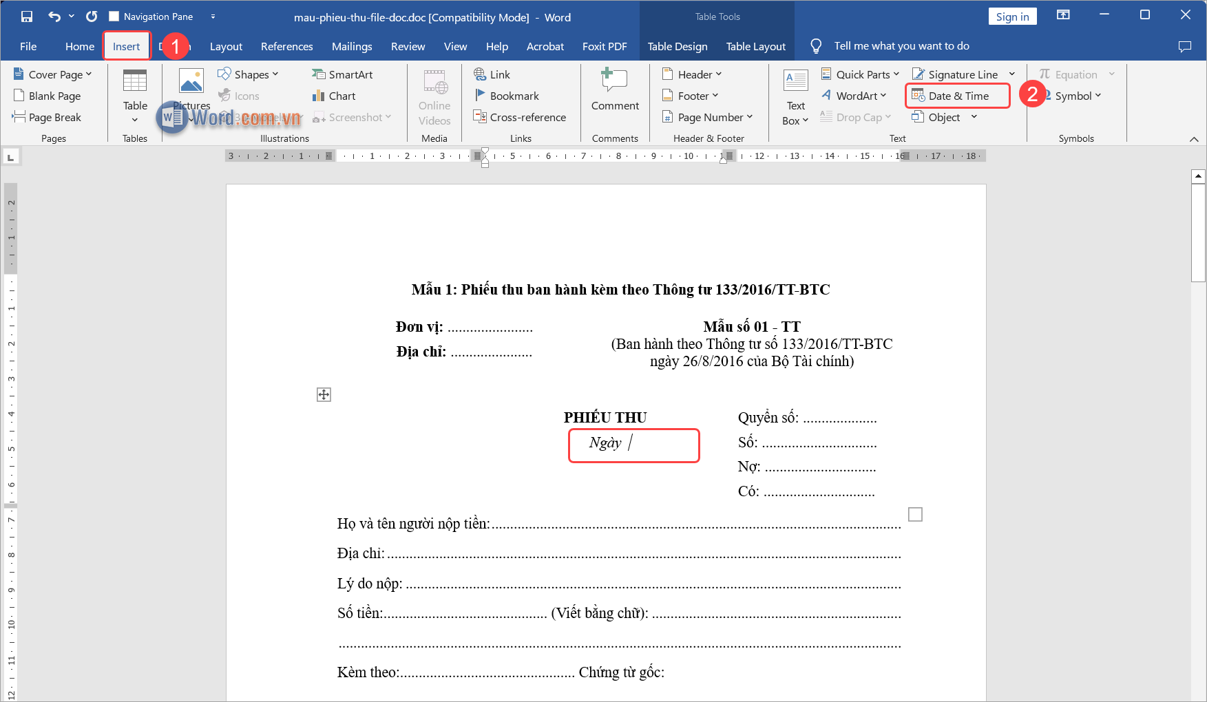 Chọn thẻ Insert (1) → Date & Time (2) để thiết lập ngày giờ