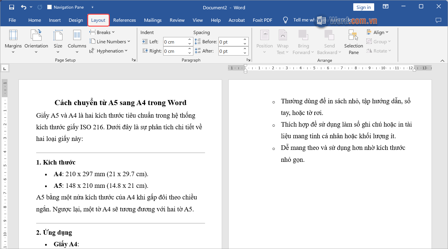 Chọn thẻ Layout để thiết lập giao diện làm việc của khổ giấy