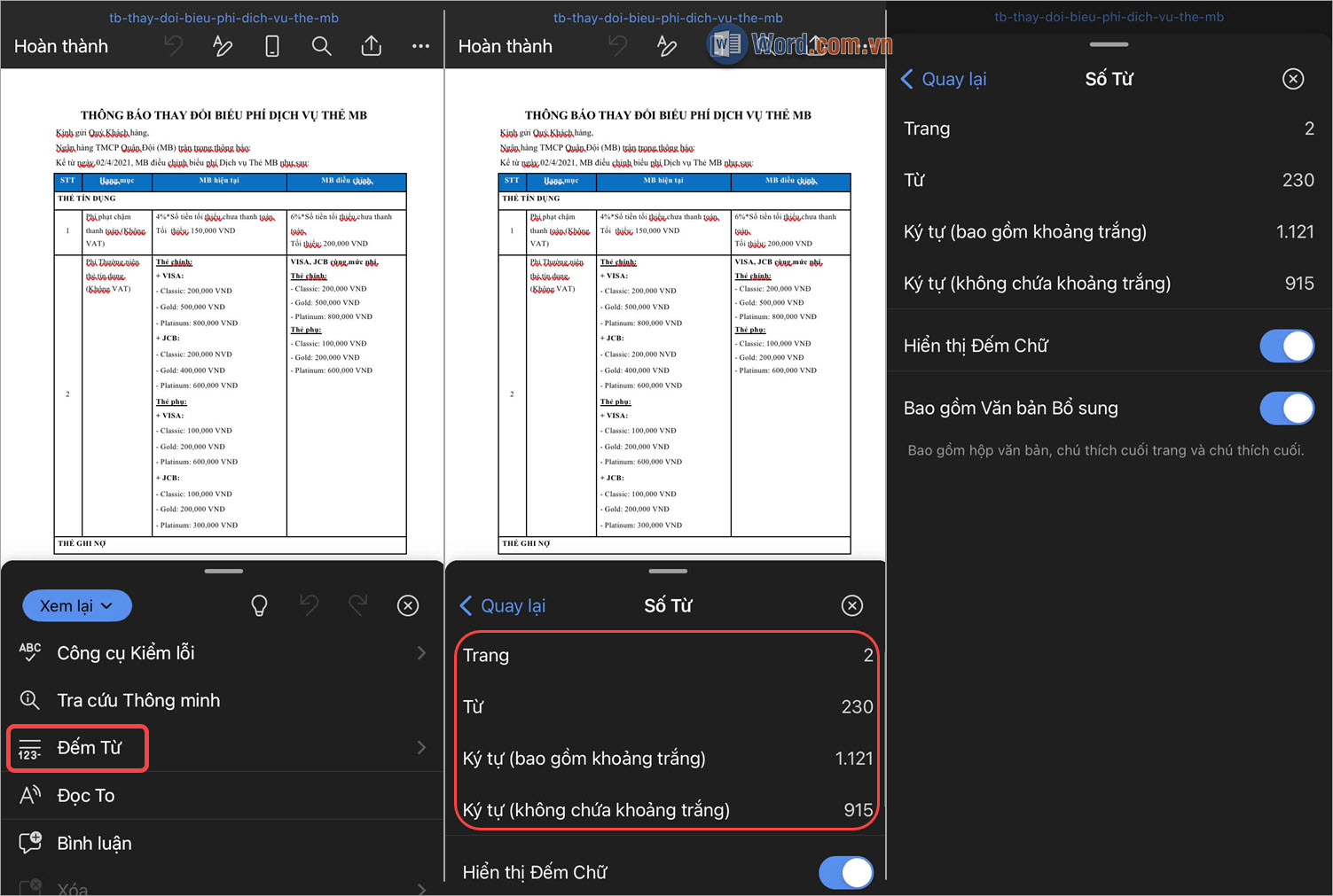 Chọn tính năng Đếm từ để kiểm tra số lượng chữ trong văn bản Word