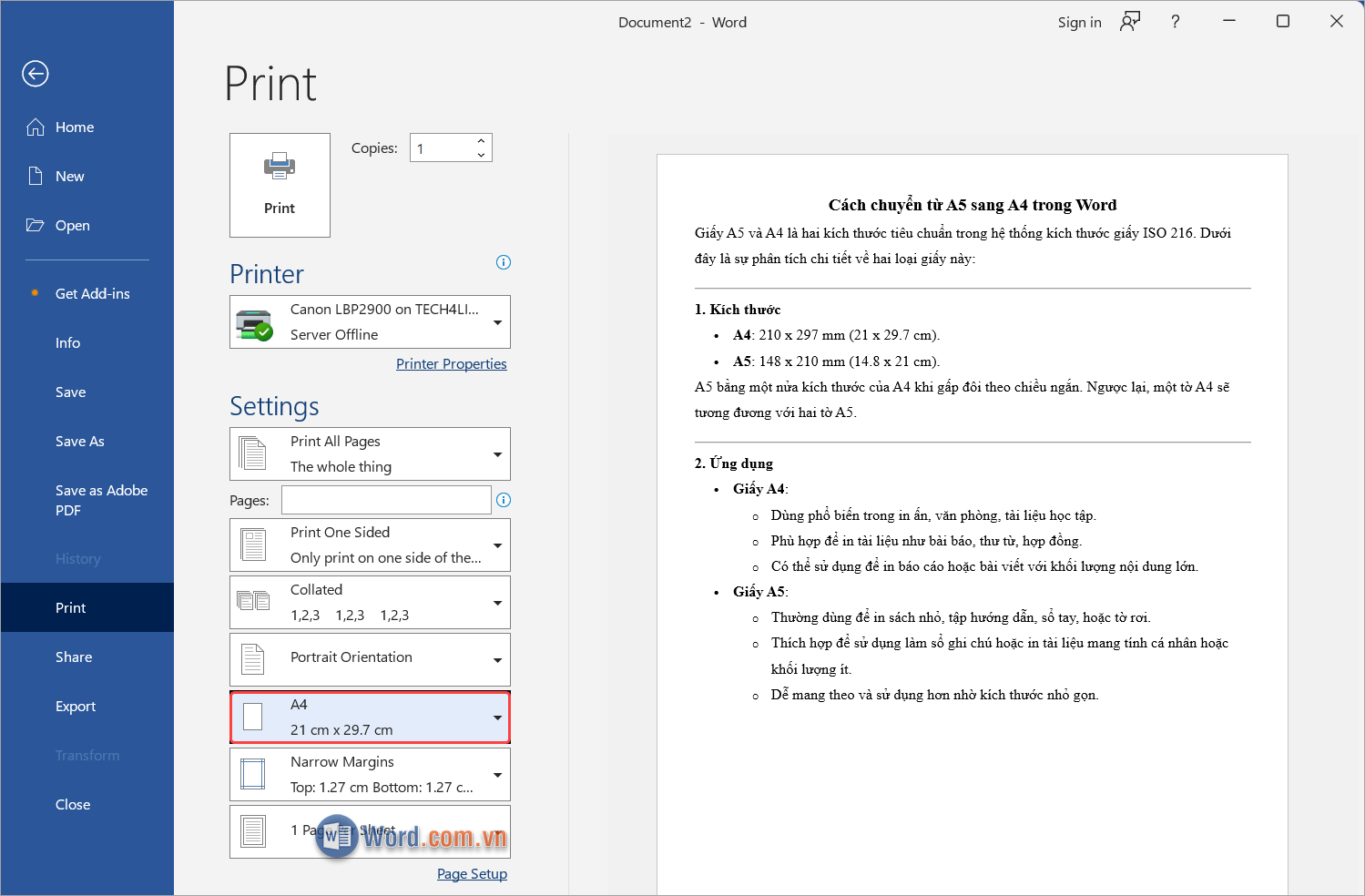 Chuyển đổi sang khổ giấy A4, nhấn Print để thực hiện in