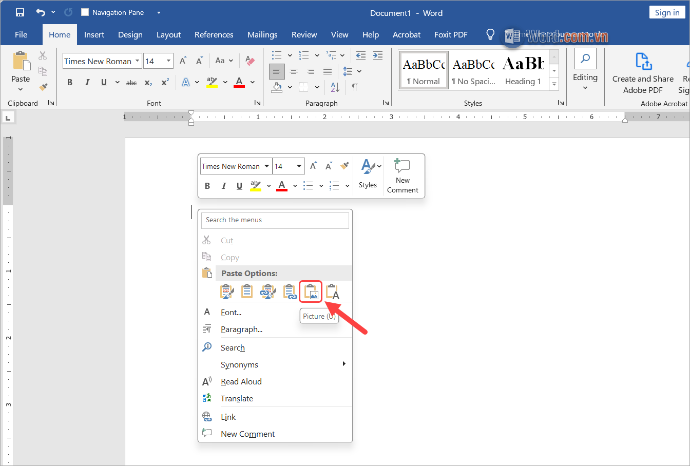 Click chuột phải → Paste Options → Picture (P)