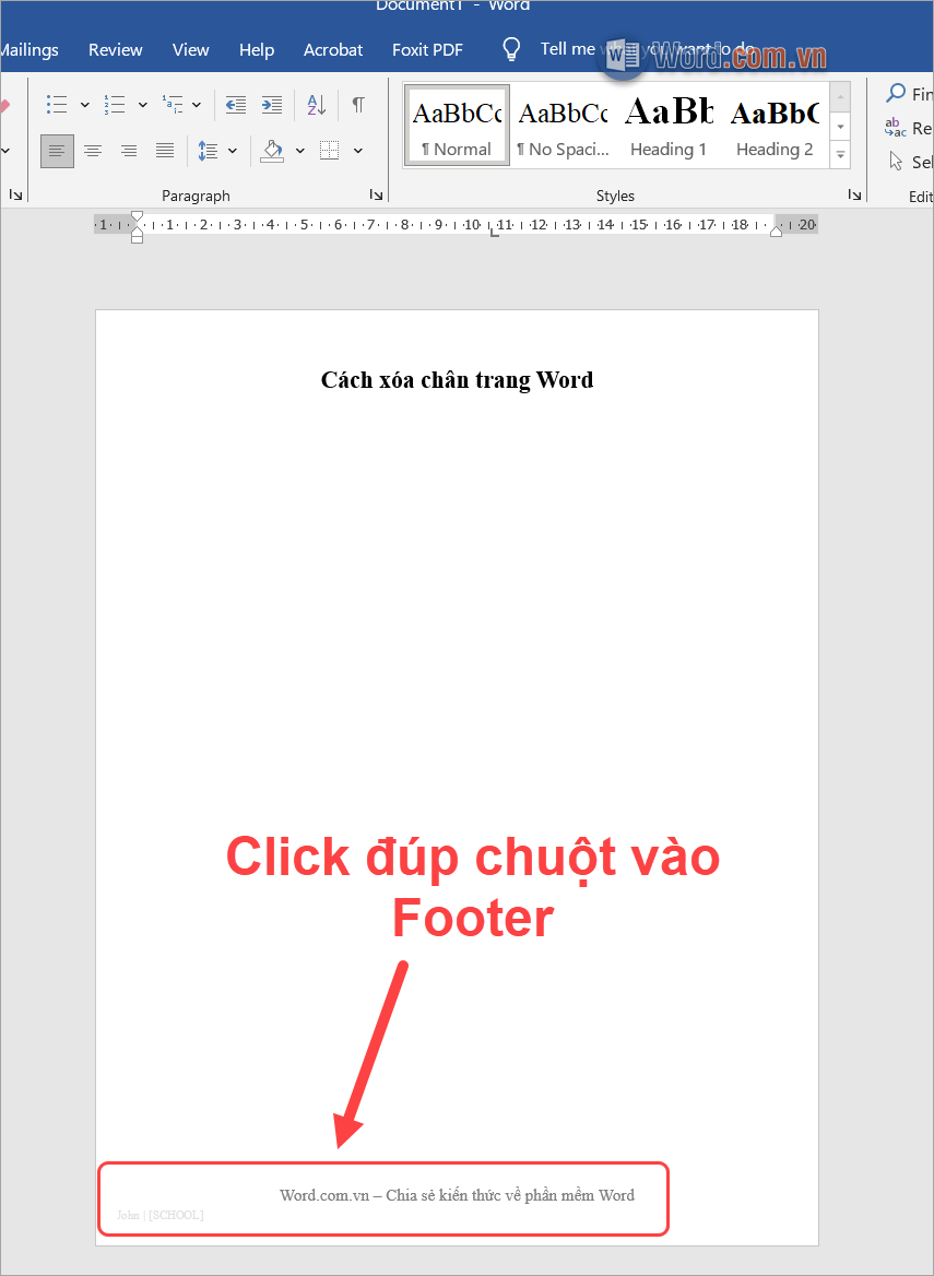 Click đúp chuột trái vào phần Footer trong File Word