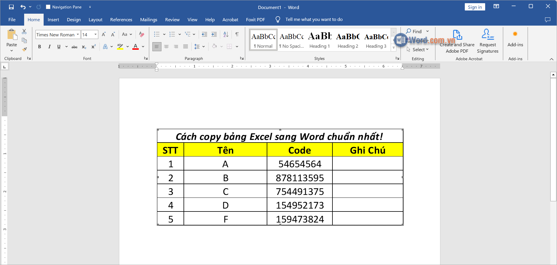 Click đúp chuột vào bảng trong Word để tự động mở trên Excel