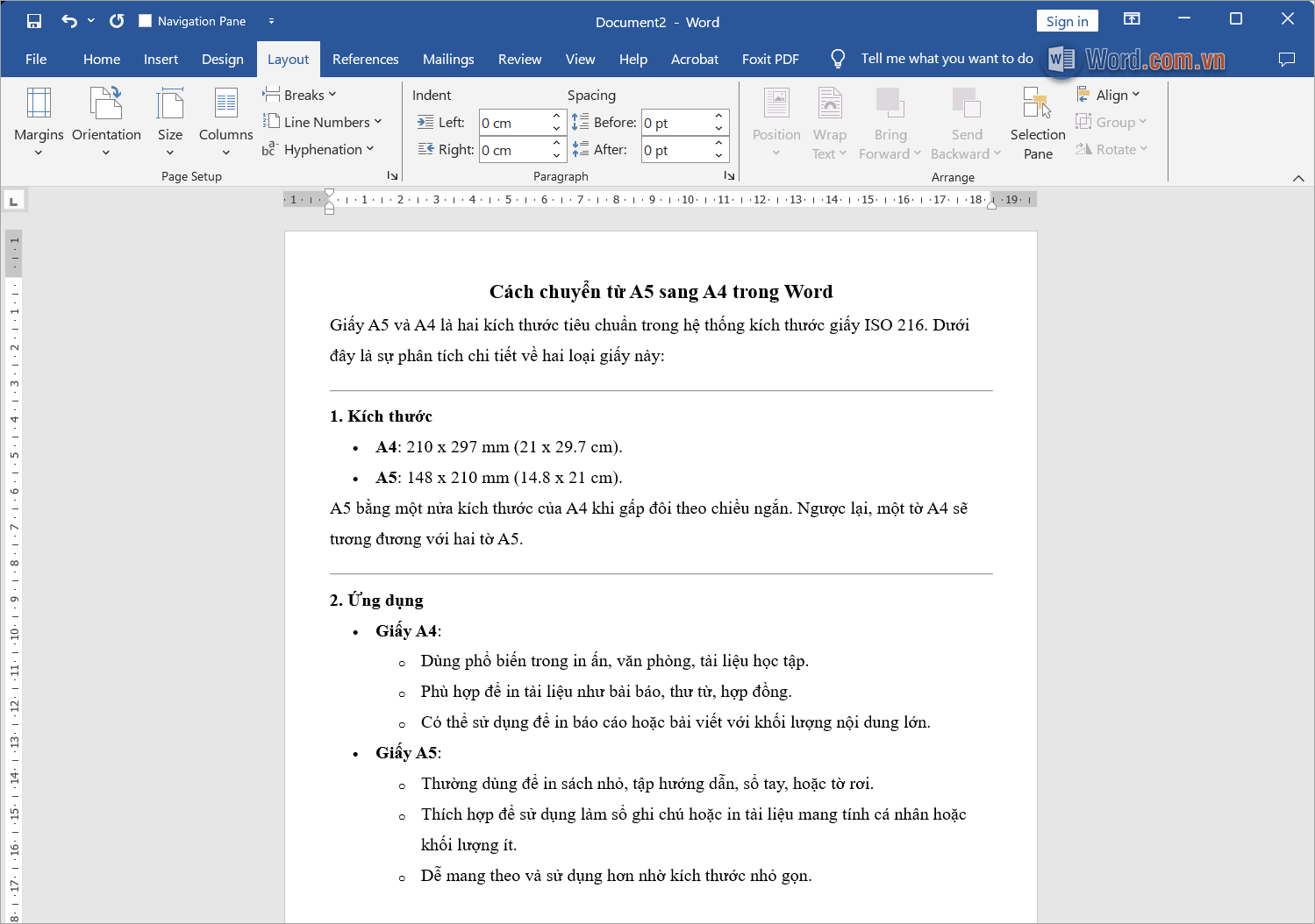 Giao diện Word chuyển từ khổ giấy A5 sang A4