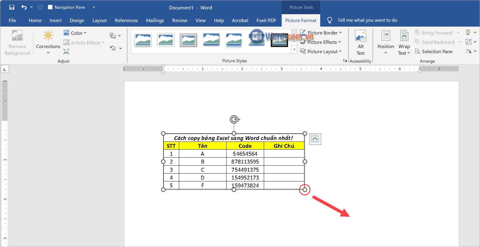 Hoàn tất việc chuyển bảng từ Excel vào trong Word