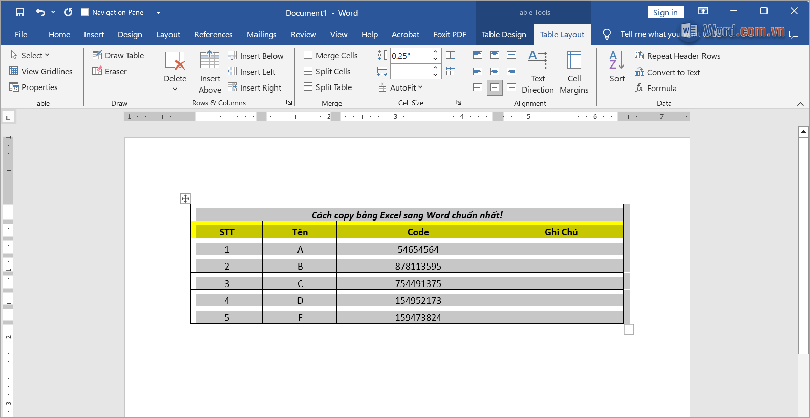 Hoàn tất việc đưa bảng từ Excel vào Word