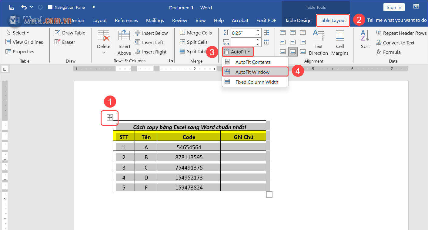 Mũi tên đa hướng của bảng (1) → Table Layout (2) → Autofit (3) → AutoFit Windows (4)