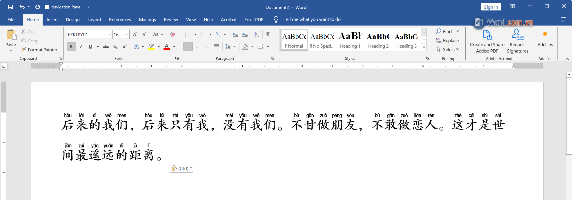 Sử dụng font chữ FZKTPY01 soạn thảo thì bính âm sẽ luôn xuất hiện